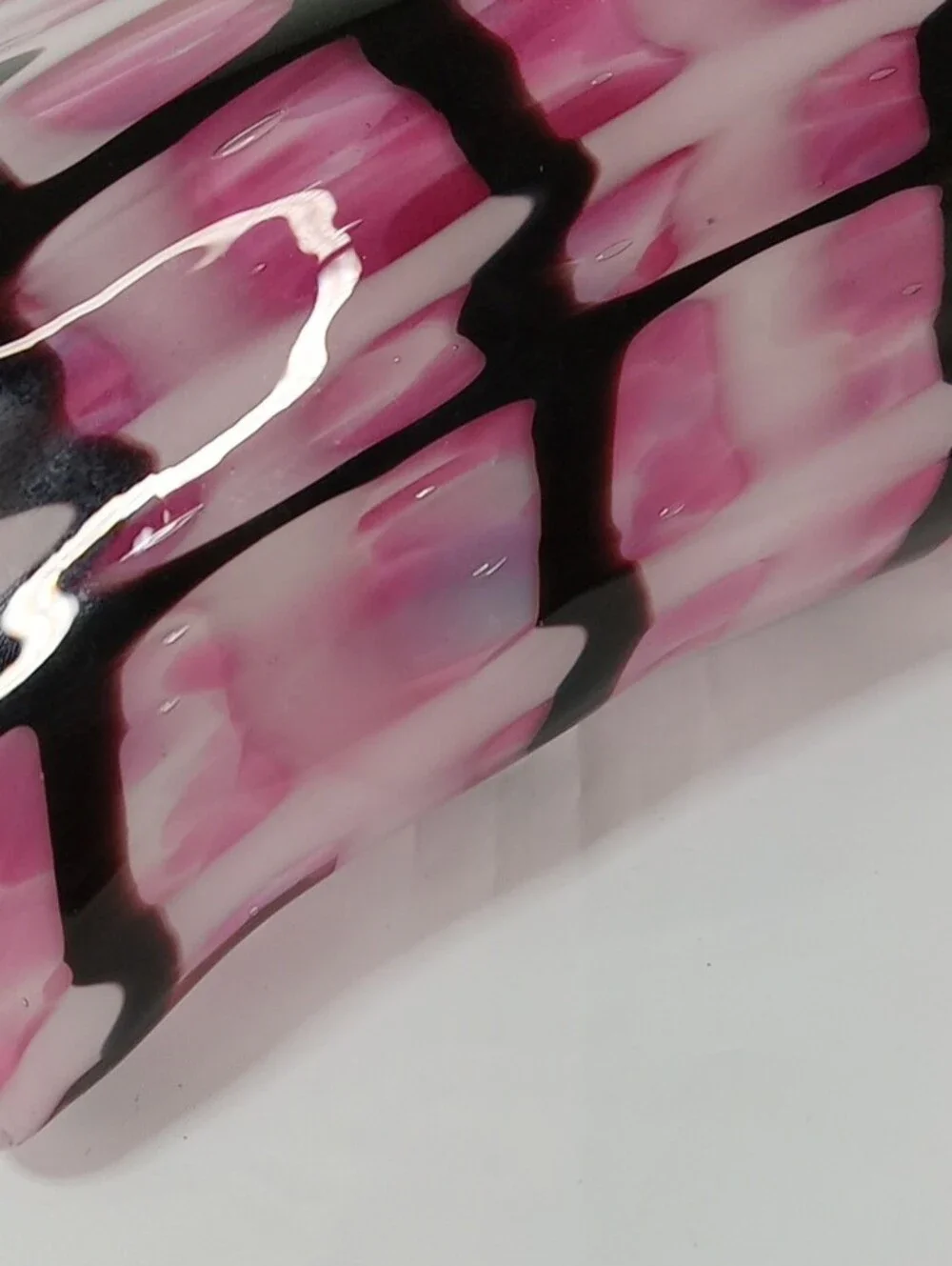 Handblown Large Stylish Pink BLack White Patterned Grid Print Glass Vase Whimsy